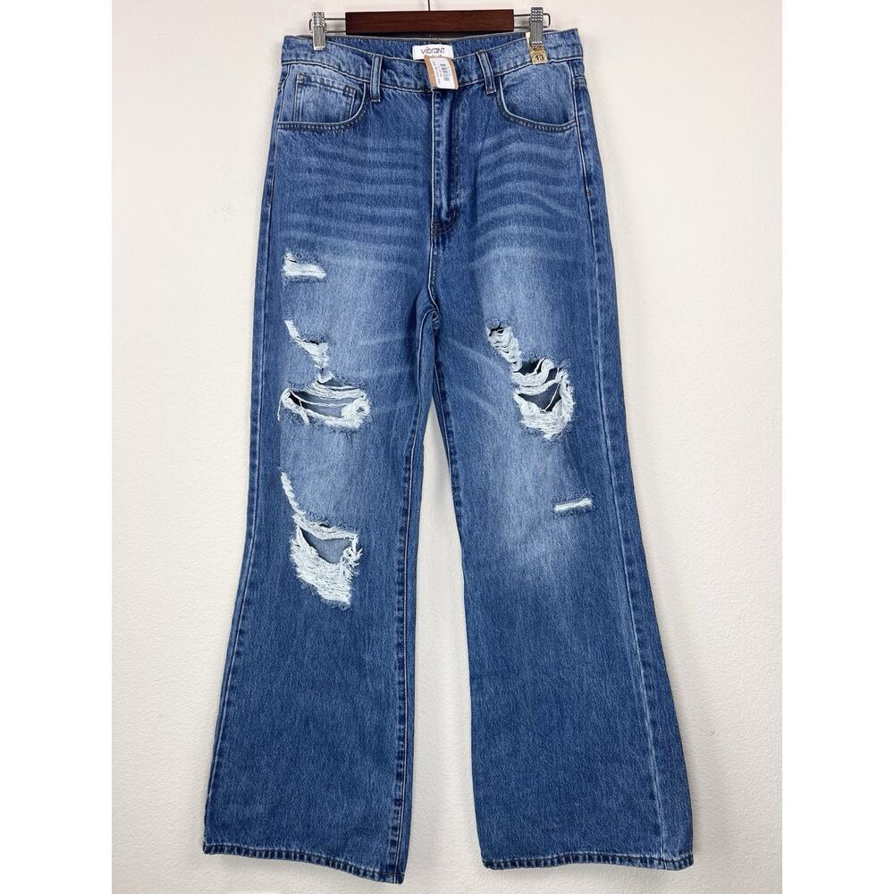 Vibrant MiU Women’s High Rise Wide Leg Distressed Jeans Size 13 W30 Light Wash - Picture 2 of 9